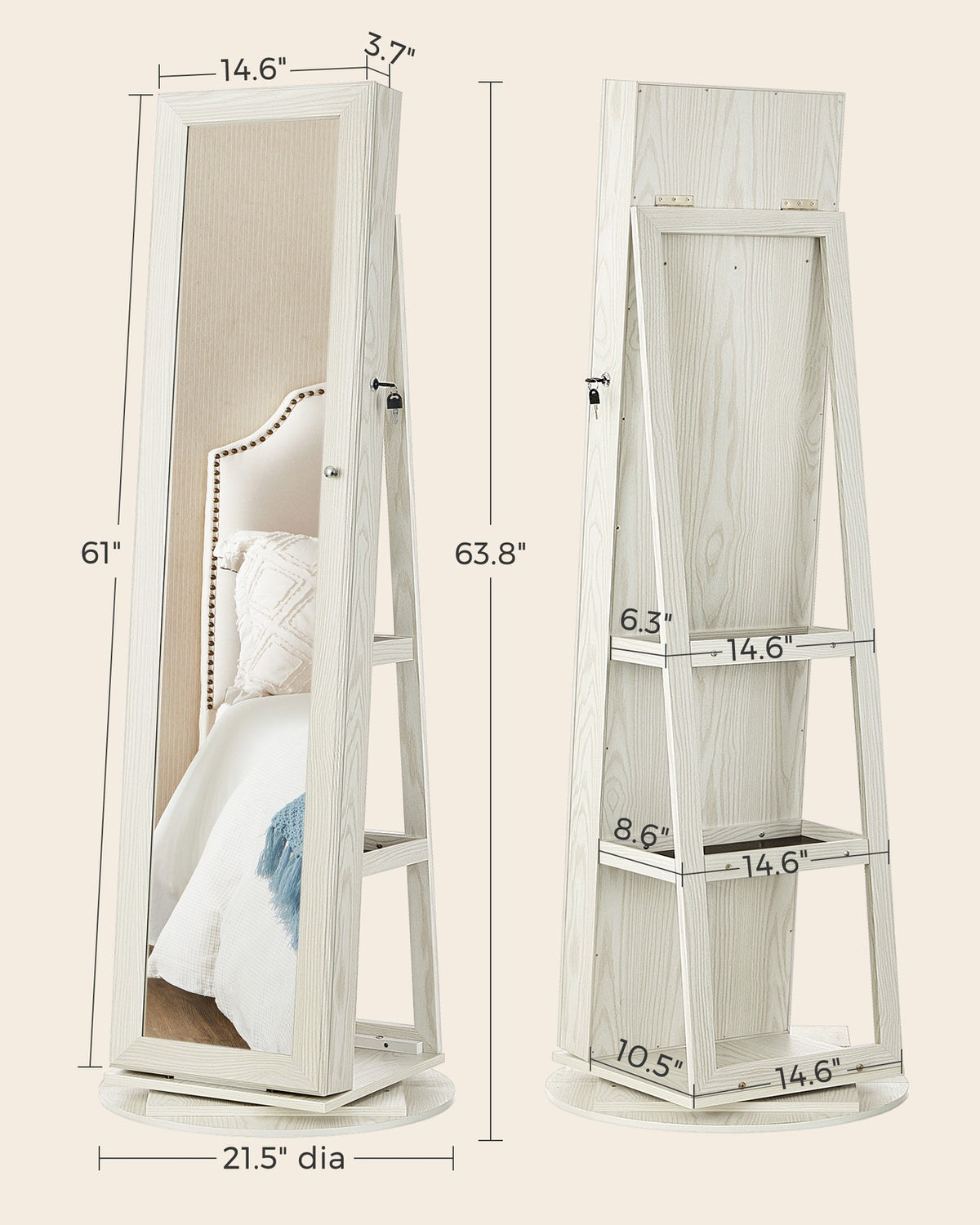 360° Swivel Jewelry Cabinet, Lockable Jewelry Organizer with Full-Length Mirror, Rear Storage Shelves