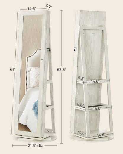 360° Swivel Jewelry Cabinet, Lockable Jewelry Organizer with Full-Length Mirror, Rear Storage Shelves