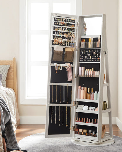 360° Swivel Jewelry Cabinet, Lockable Jewelry Organizer with Full-Length Mirror, Rear Storage Shelves