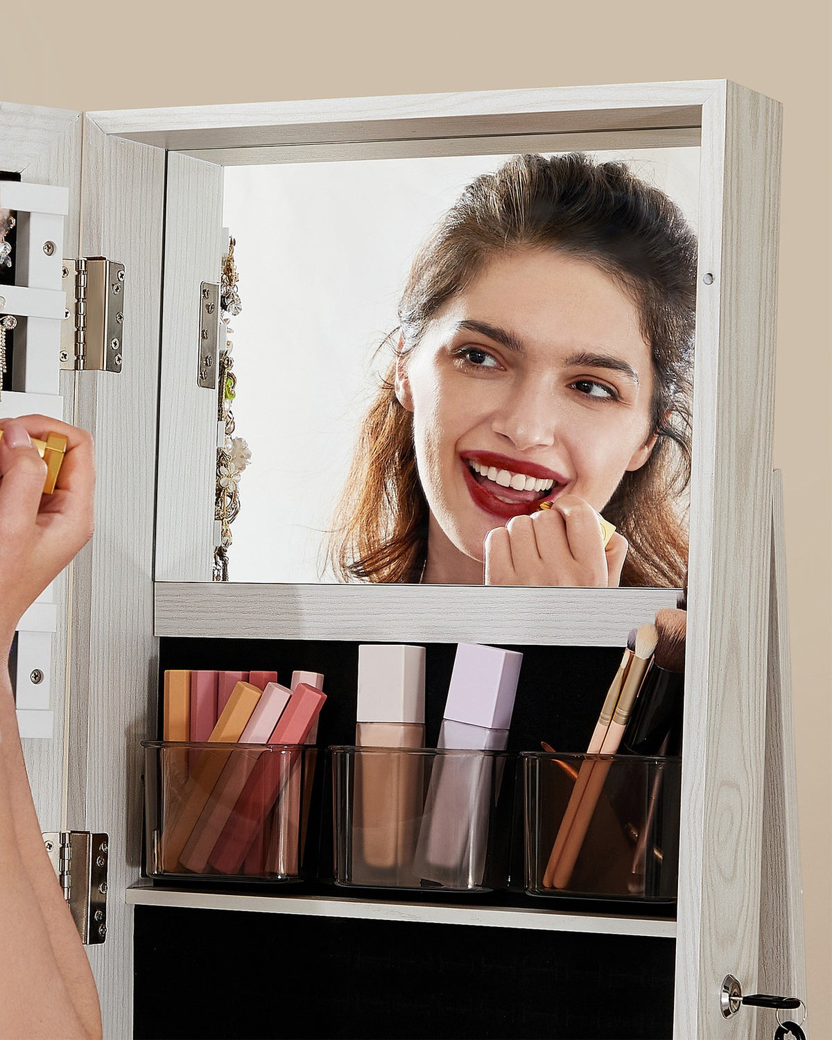 360° Swivel Jewelry Cabinet, Lockable Jewelry Organizer with Full-Length Mirror, Rear Storage Shelves