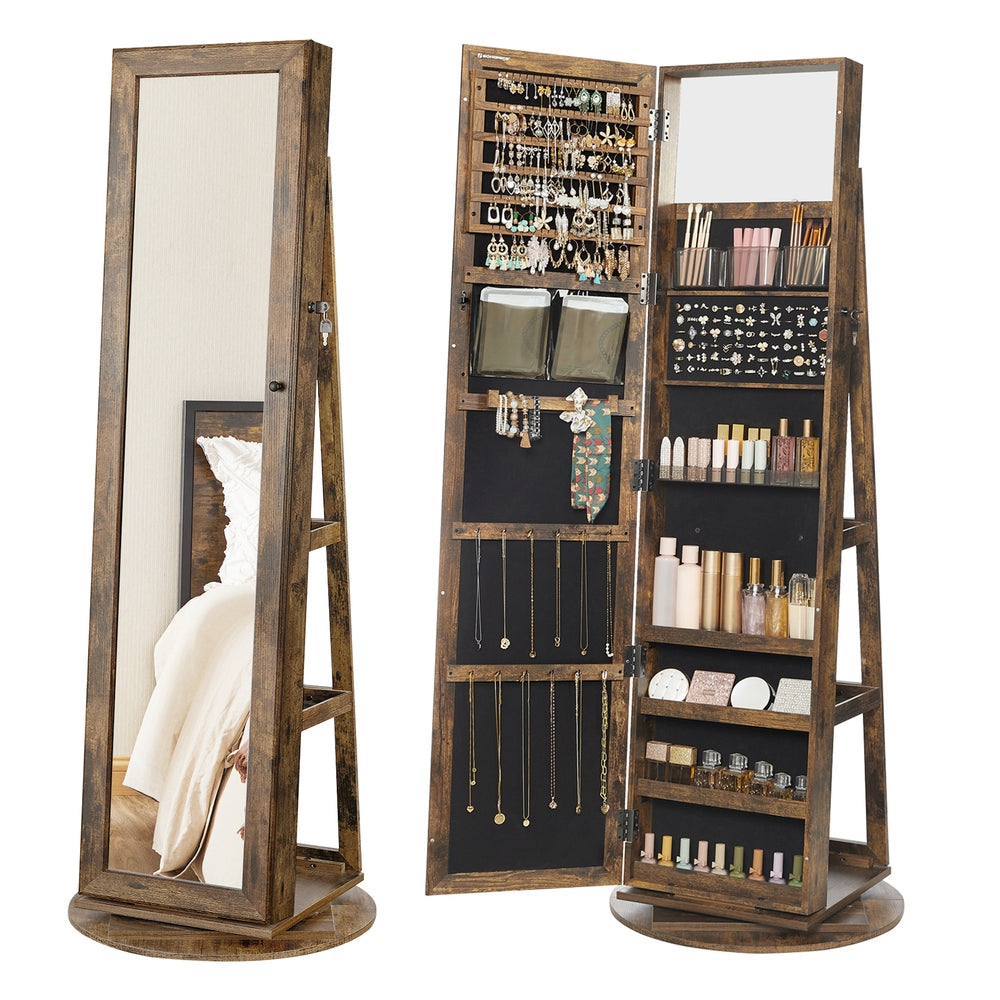 360° Swivel Jewelry Cabinet, Lockable Jewelry Organizer with Full-Length Mirror, Rear Storage Shelves