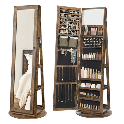360° Swivel Jewelry Cabinet, Lockable Jewelry Organizer with Full-Length Mirror, Rear Storage Shelves