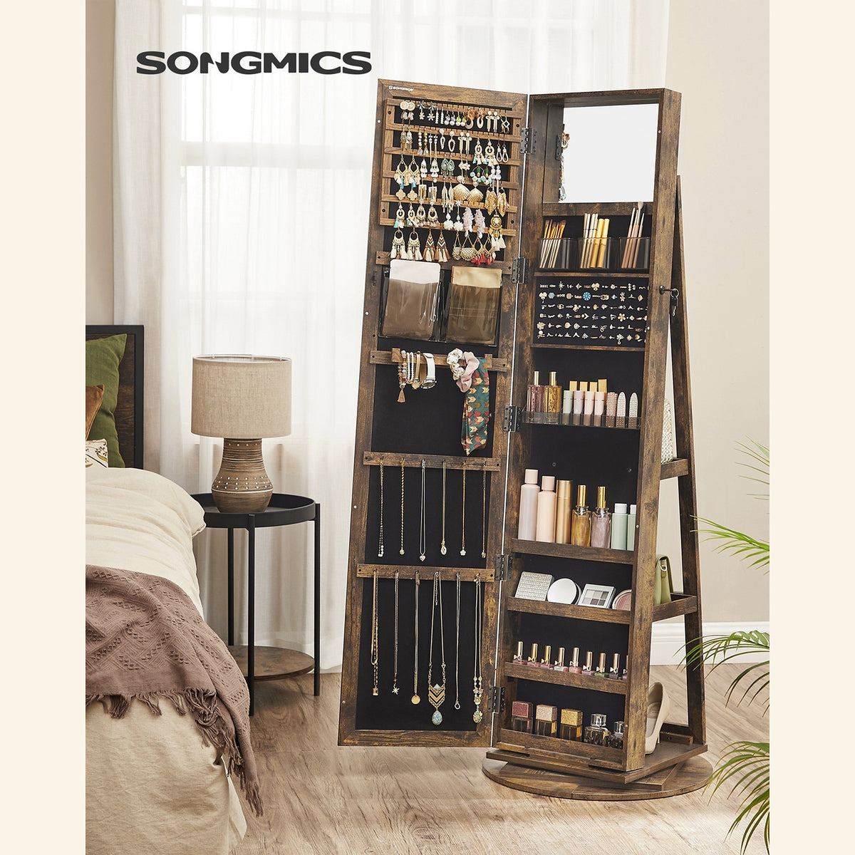 360° Swivel Jewelry Cabinet, Lockable Jewelry Organizer with Full-Length Mirror, Rear Storage Shelves