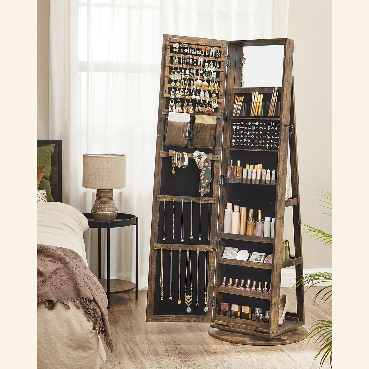 360° Swivel Jewelry Cabinet, Lockable Jewelry Organizer with Full-Length Mirror, Rear Storage Shelves