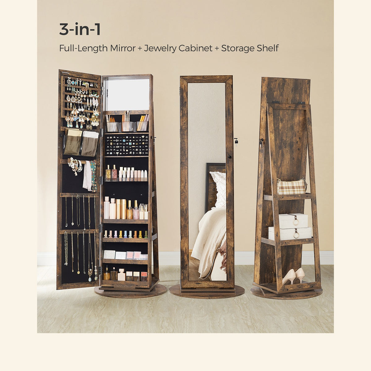 360° Swivel Jewelry Cabinet, Lockable Jewelry Organizer with Full-Length Mirror, Rear Storage Shelves
