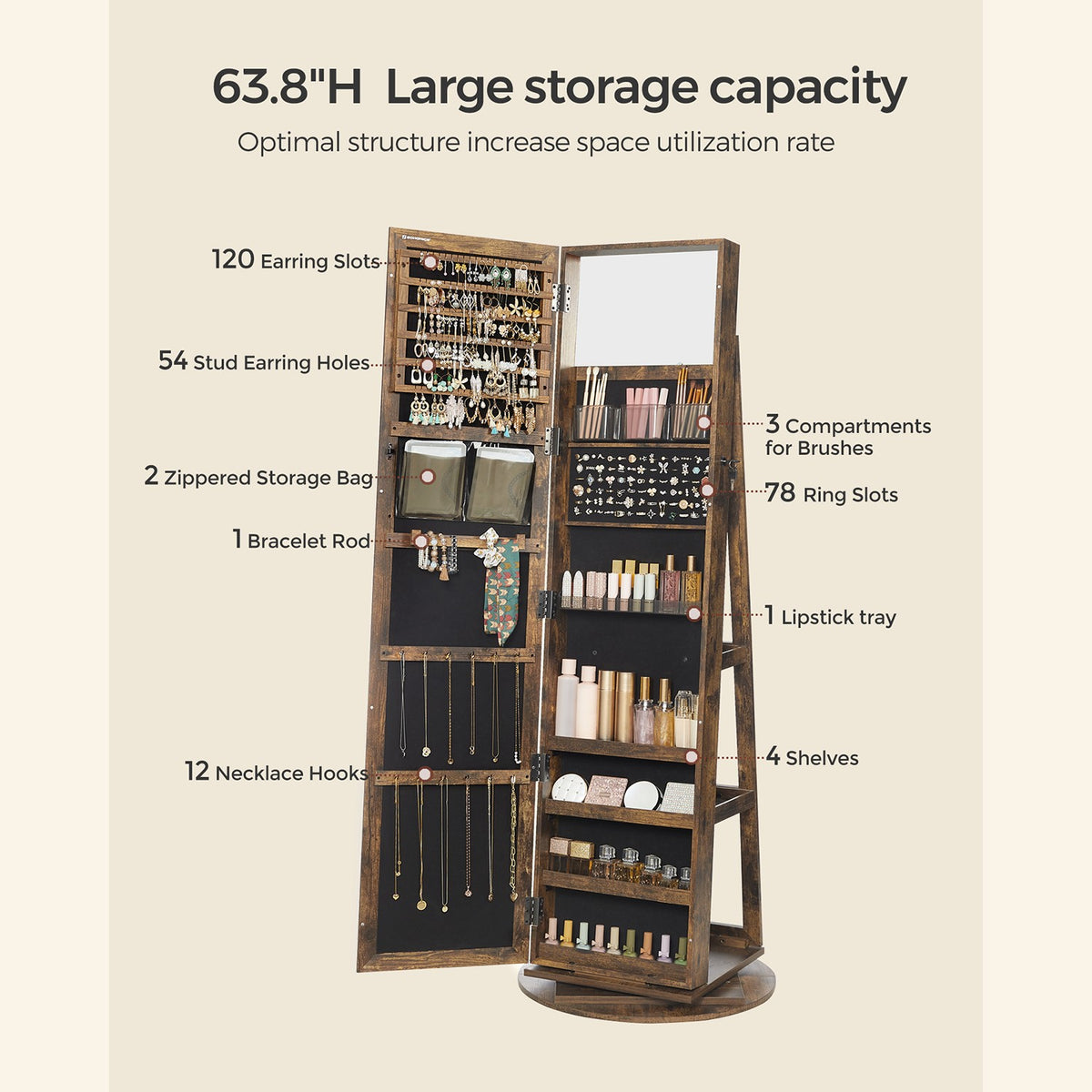 360° Swivel Jewelry Cabinet, Lockable Jewelry Organizer with Full-Length Mirror, Rear Storage Shelves