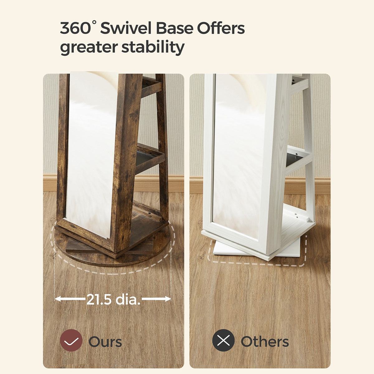 360° Swivel Jewelry Cabinet, Lockable Jewelry Organizer with Full-Length Mirror, Rear Storage Shelves
