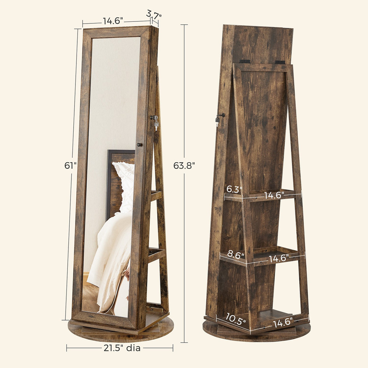 360° Swivel Jewelry Cabinet, Lockable Jewelry Organizer with Full-Length Mirror, Rear Storage Shelves