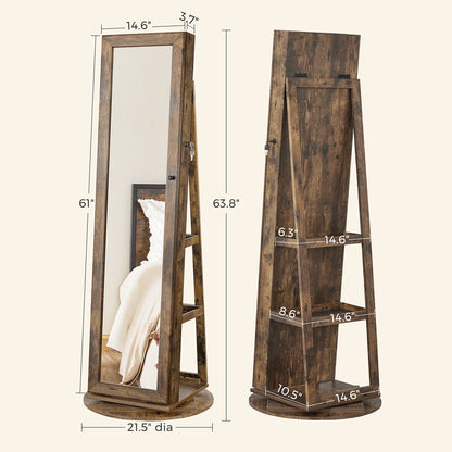 360° Swivel Jewelry Cabinet, Lockable Jewelry Organizer with Full-Length Mirror, Rear Storage Shelves