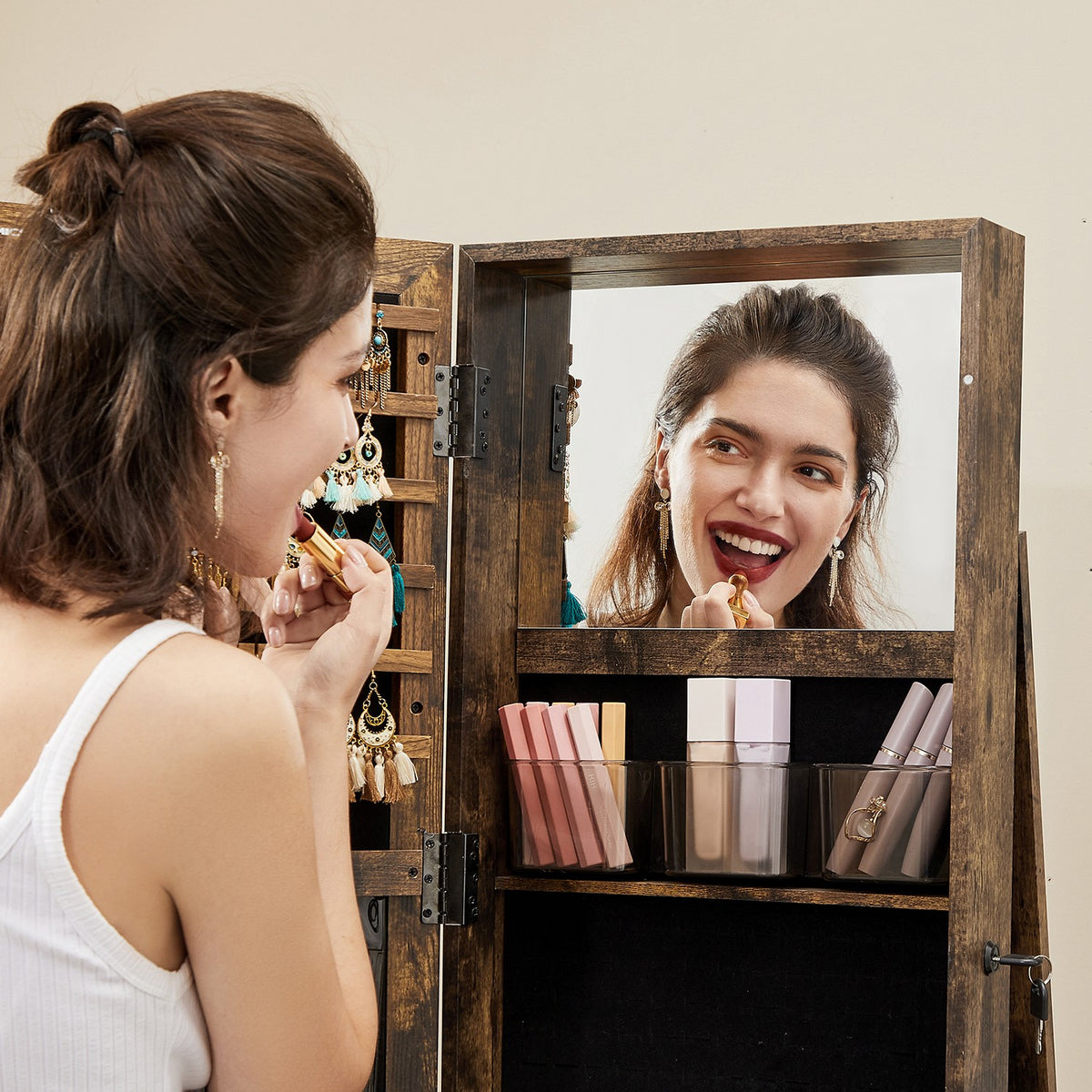 360° Swivel Jewelry Cabinet, Lockable Jewelry Organizer with Full-Length Mirror, Rear Storage Shelves