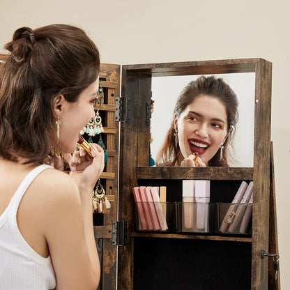 360° Swivel Jewelry Cabinet, Lockable Jewelry Organizer with Full-Length Mirror, Rear Storage Shelves