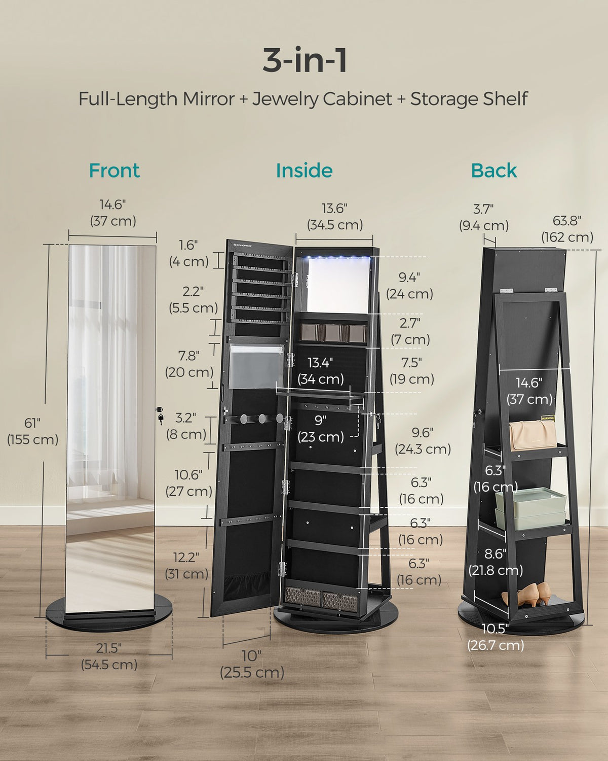 6 LEDs Lockable Mirror Jewelry Cabinet