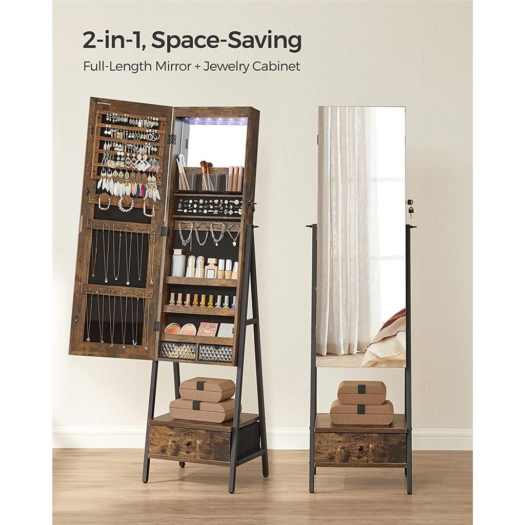 Lockable Jewelry Armoire with Full-Length Mirror
