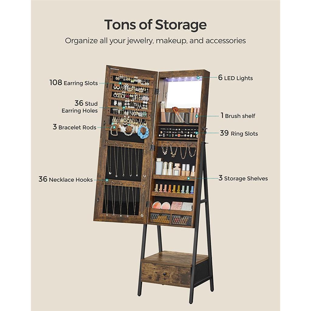 Lockable Jewelry Armoire with Full-Length Mirror