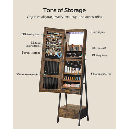 Lockable Jewelry Armoire with Full-Length Mirror