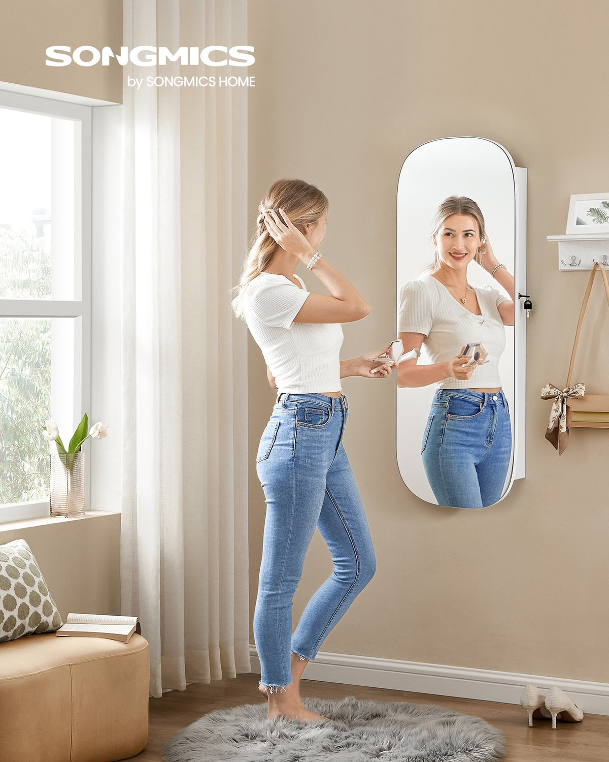 Wall Mounted Jewelry Organizer with Mirror