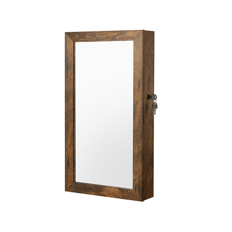 Lockable Jewelry Cabinet Armoire with Mirror, Wall-Mounted Space Saving Jewelry Storage Organizer, Rustic Brown UJJC051K01
