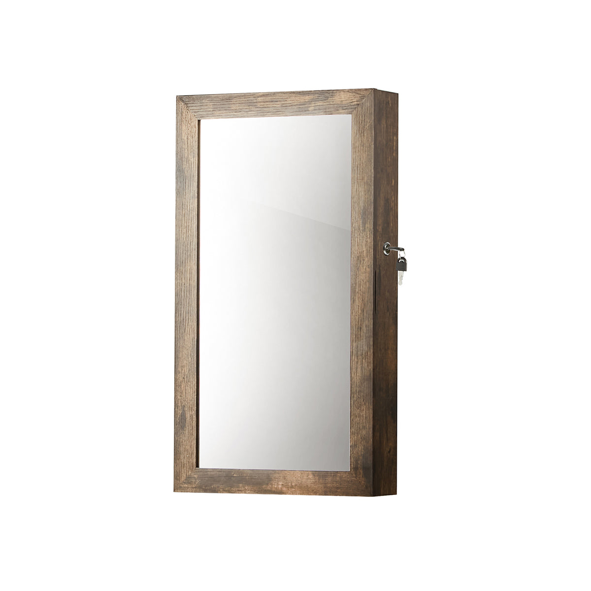 Lockable Jewelry Cabinet Armoire with Mirror, Wall-Mounted Space Saving Jewelry Storage Organizer, Rustic Brown