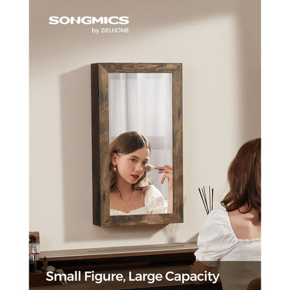Lockable Jewelry Cabinet Armoire with Mirror, Wall-Mounted Space Saving Jewelry Storage Organizer, Rustic Brown