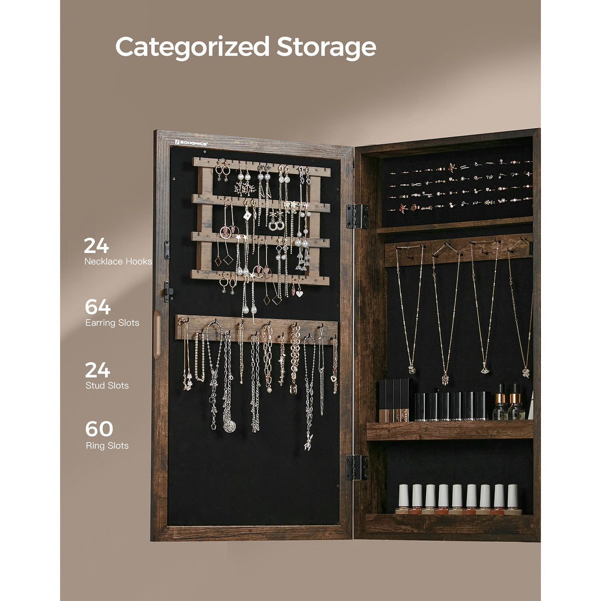 Lockable Jewelry Cabinet Armoire with Mirror, Wall-Mounted Space Saving Jewelry Storage Organizer, Rustic Brown