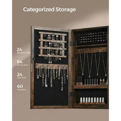Lockable Jewelry Cabinet Armoire with Mirror, Wall-Mounted Space Saving Jewelry Storage Organizer, Rustic Brown