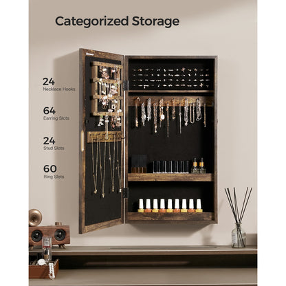 Lockable Jewelry Cabinet Armoire with Mirror, Wall-Mounted Space Saving Jewelry Storage Organizer, Rustic Brown