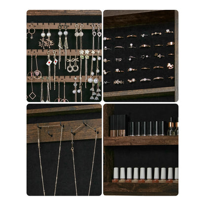 Lockable Jewelry Cabinet Armoire with Mirror, Wall-Mounted Space Saving Jewelry Storage Organizer, Rustic Brown