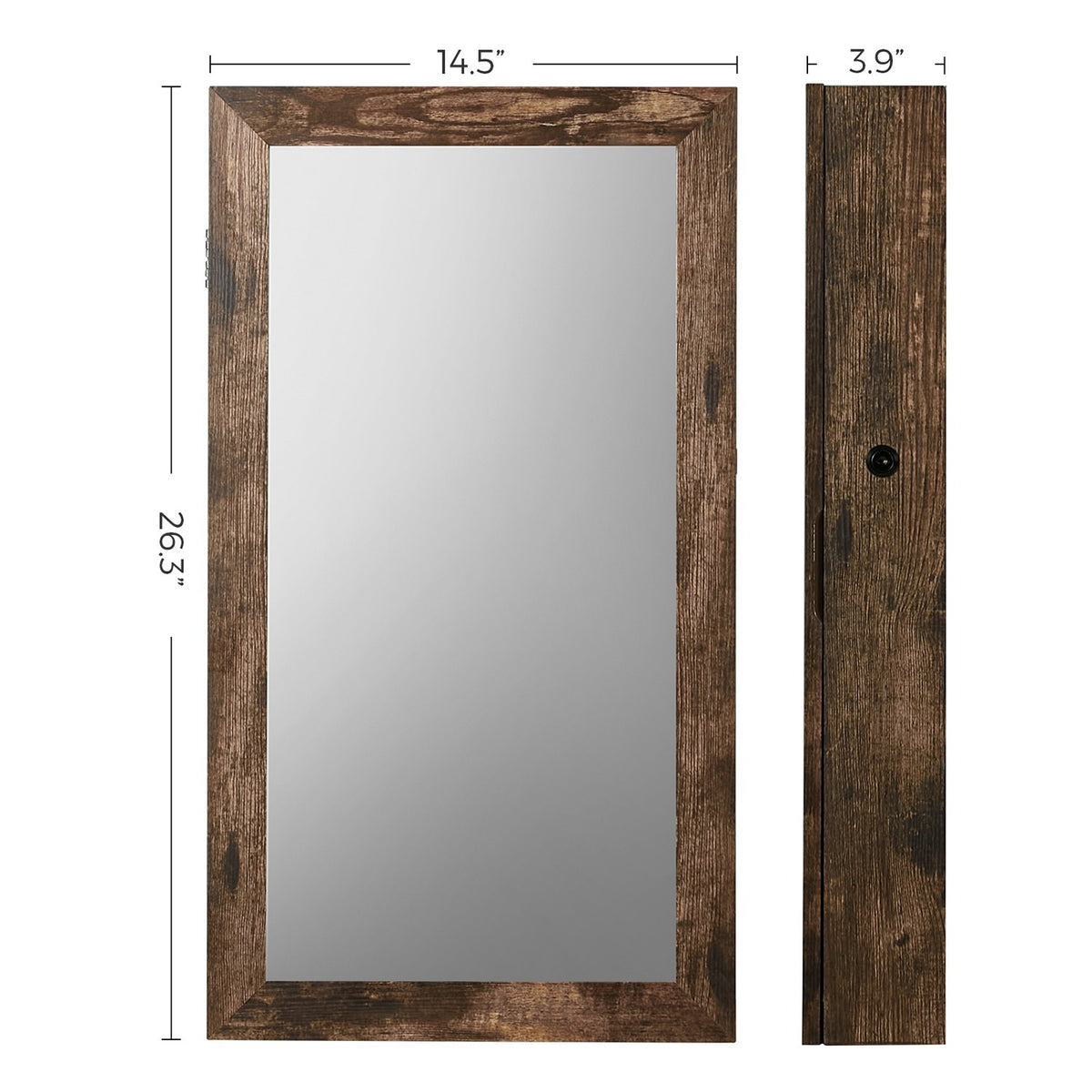 Lockable Jewelry Cabinet Armoire with Mirror, Wall-Mounted Space Saving Jewelry Storage Organizer, Rustic Brown