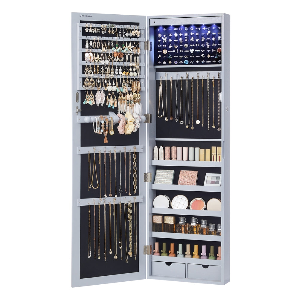 6 LEDs Jewelry Cabinet, Lockable Wall/Door Mounted Jewelry Armoire Organizer with Mirror and 2 Drawers