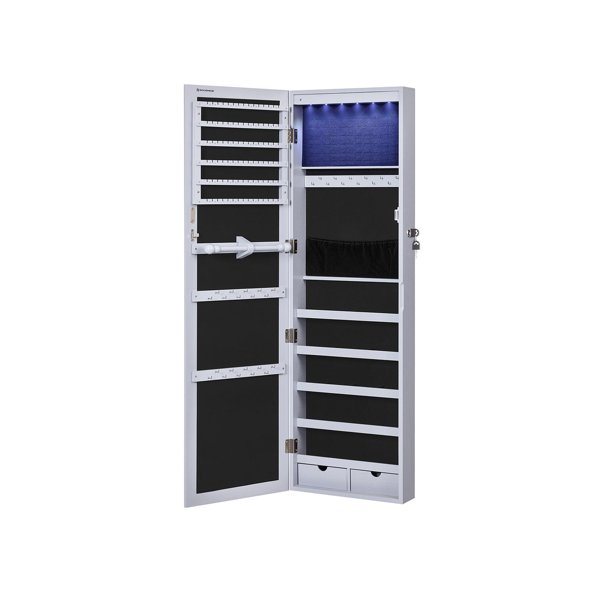 6 LEDs Jewelry Cabinet, Lockable Wall/Door Mounted Jewelry Armoire Organizer with Mirror and 2 Drawers