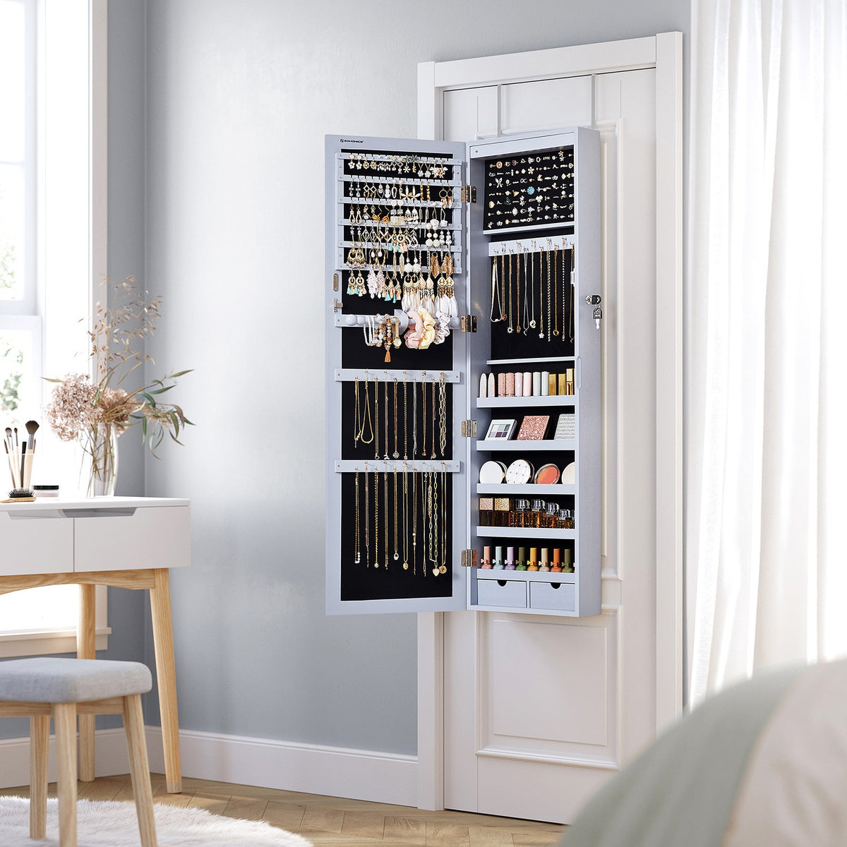 6 LEDs Jewelry Cabinet, Lockable Wall/Door Mounted Jewelry Armoire Organizer with Mirror and 2 Drawers