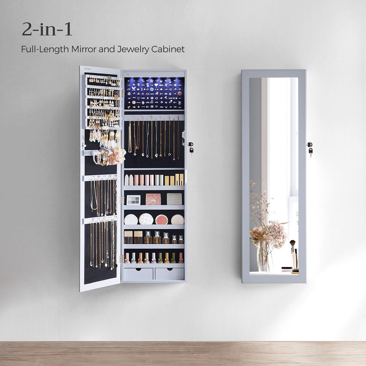 6 LEDs Jewelry Cabinet, Lockable Wall/Door Mounted Jewelry Armoire Organizer with Mirror and 2 Drawers