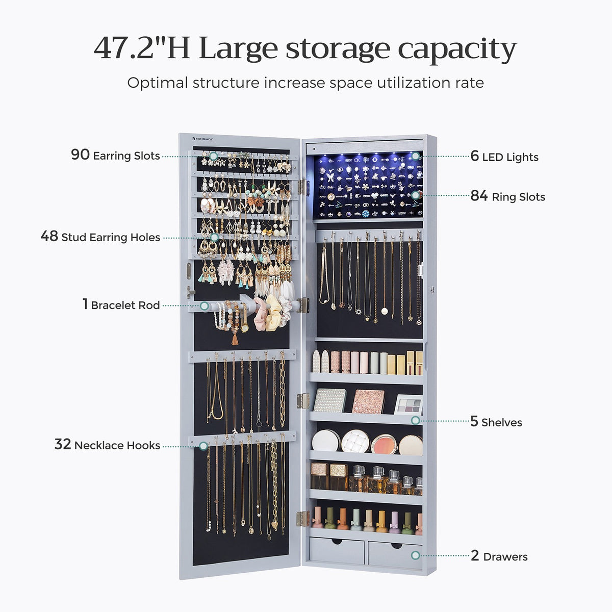 6 LEDs Jewelry Cabinet, Lockable Wall/Door Mounted Jewelry Armoire Organizer with Mirror and 2 Drawers