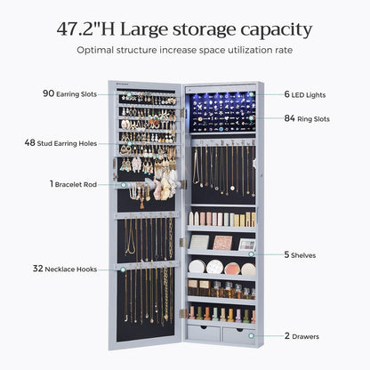 6 LEDs Jewelry Cabinet, Lockable Wall/Door Mounted Jewelry Armoire Organizer with Mirror and 2 Drawers