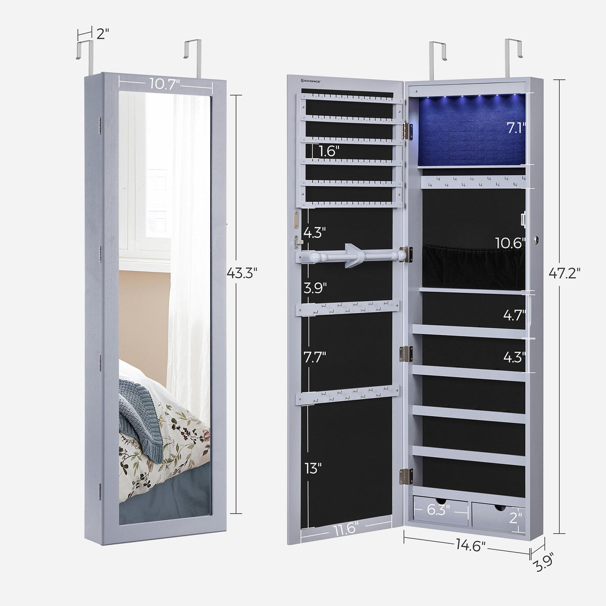 6 LEDs Jewelry Cabinet, Lockable Wall/Door Mounted Jewelry Armoire Organizer with Mirror and 2 Drawers