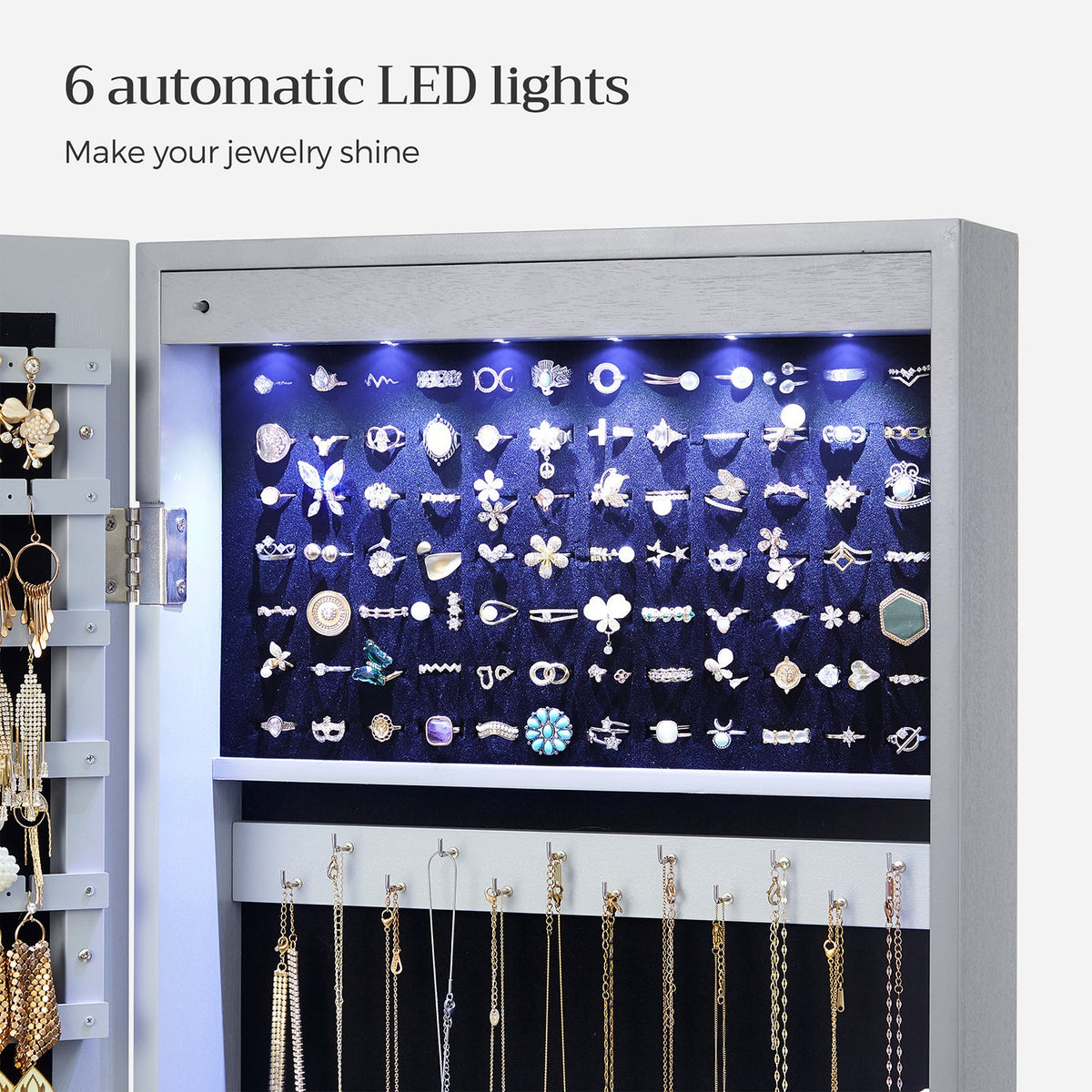 6 LEDs Jewelry Cabinet, Lockable Wall/Door Mounted Jewelry Armoire Organizer with Mirror and 2 Drawers