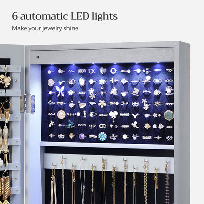 6 LEDs Jewelry Cabinet, Lockable Wall/Door Mounted Jewelry Armoire Organizer with Mirror and 2 Drawers