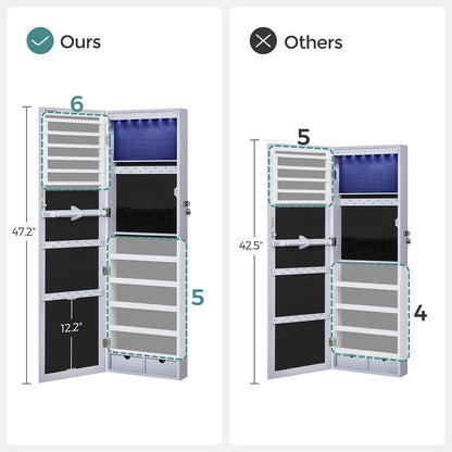 6 LEDs Jewelry Cabinet, Lockable Wall/Door Mounted Jewelry Armoire Organizer with Mirror and 2 Drawers