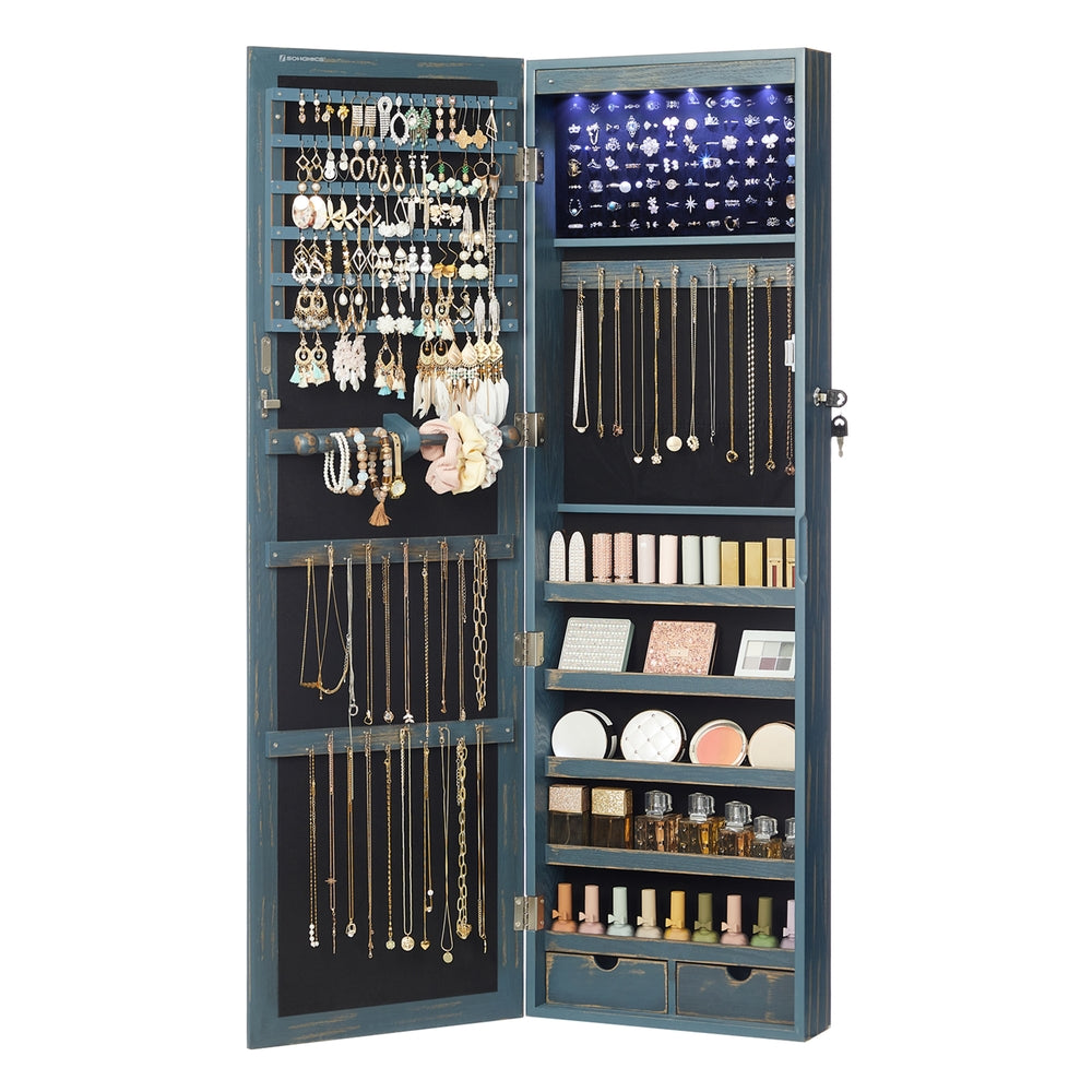 6 LEDs Jewelry Cabinet, Lockable Wall/Door Mounted Jewelry Armoire Organizer with Mirror and 2 Drawers