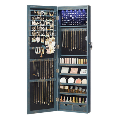 6 LEDs Jewelry Cabinet, Lockable Wall/Door Mounted Jewelry Armoire Organizer with Mirror and 2 Drawers