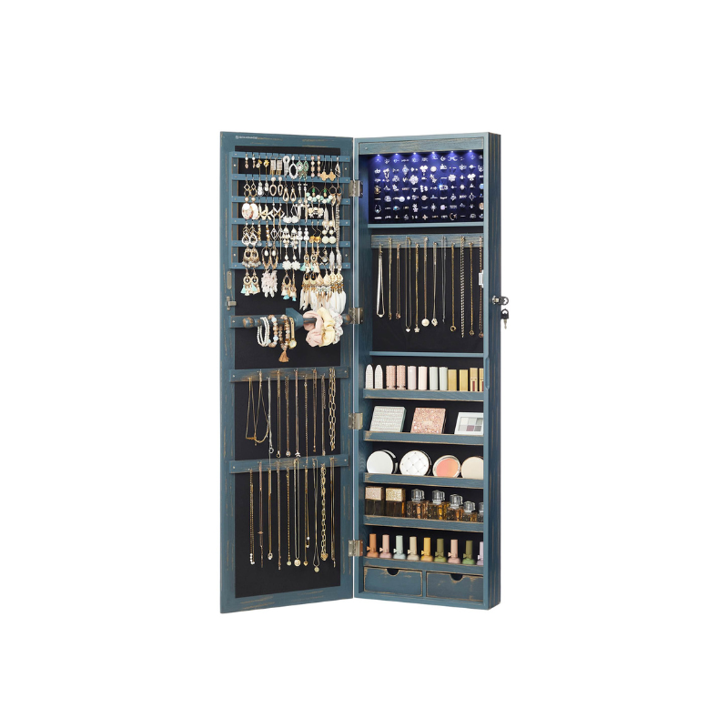 6 LEDs Jewelry Cabinet, Lockable Wall/Door Mounted Jewelry Armoire Organizer with Mirror and 2 Drawers