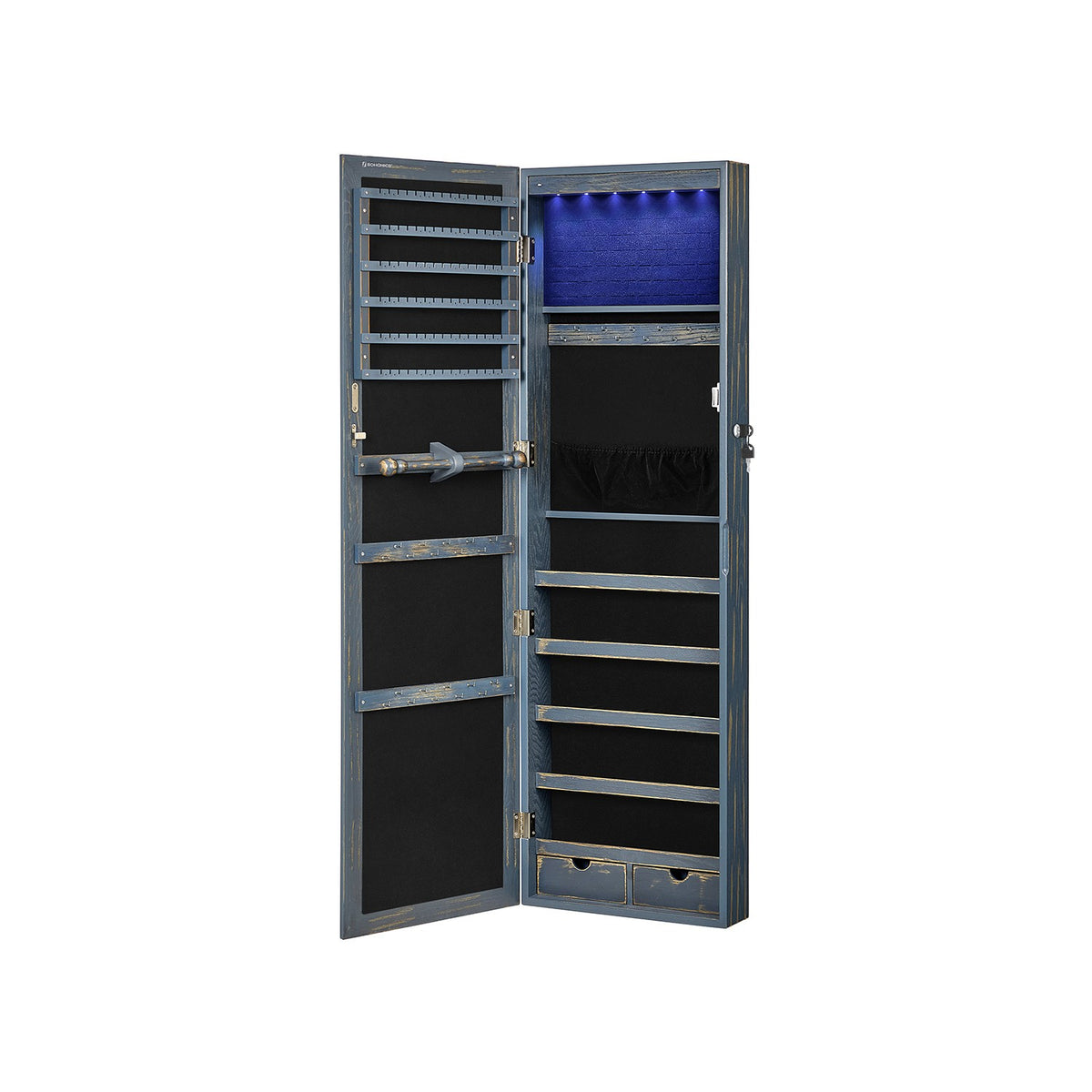 6 LEDs Jewelry Cabinet, Lockable Wall/Door Mounted Jewelry Armoire Organizer with Mirror and 2 Drawers