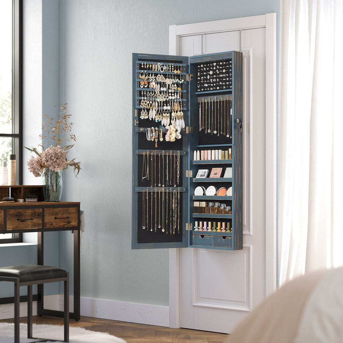 6 LEDs Jewelry Cabinet, Lockable Wall/Door Mounted Jewelry Armoire Organizer with Mirror and 2 Drawers