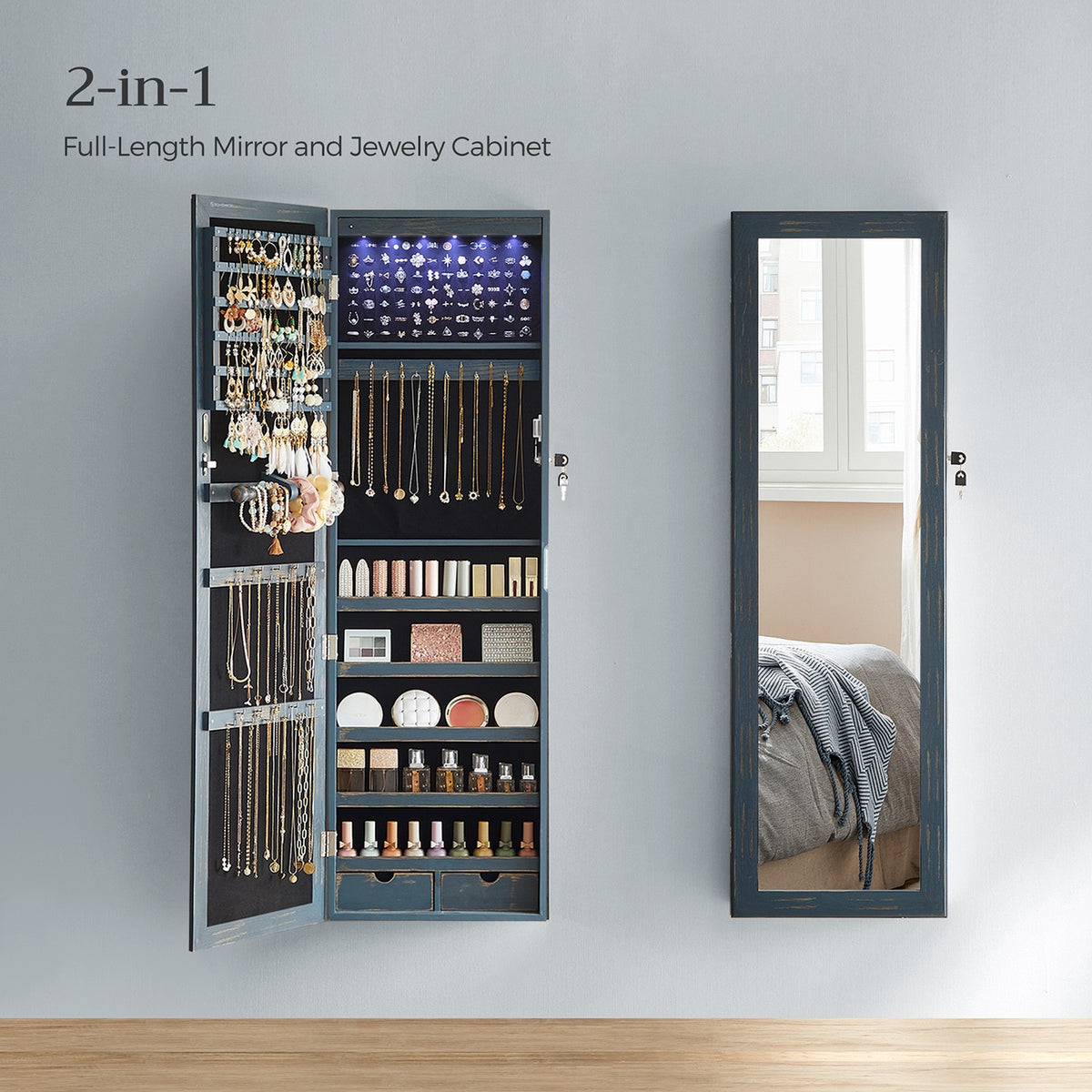 6 LEDs Jewelry Cabinet, Lockable Wall/Door Mounted Jewelry Armoire Organizer with Mirror and 2 Drawers