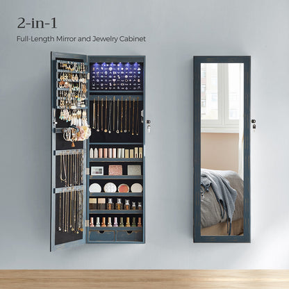 6 LEDs Jewelry Cabinet, Lockable Wall/Door Mounted Jewelry Armoire Organizer with Mirror and 2 Drawers