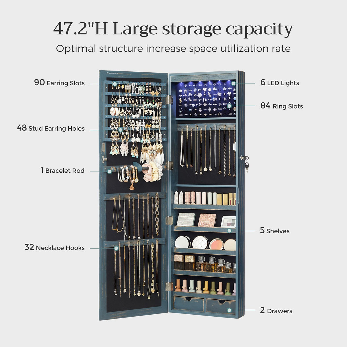 6 LEDs Jewelry Cabinet, Lockable Wall/Door Mounted Jewelry Armoire Organizer with Mirror and 2 Drawers