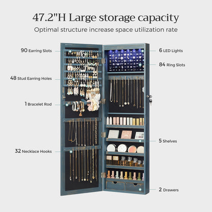 6 LEDs Jewelry Cabinet, Lockable Wall/Door Mounted Jewelry Armoire Organizer with Mirror and 2 Drawers