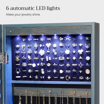 6 LEDs Jewelry Cabinet, Lockable Wall/Door Mounted Jewelry Armoire Organizer with Mirror and 2 Drawers