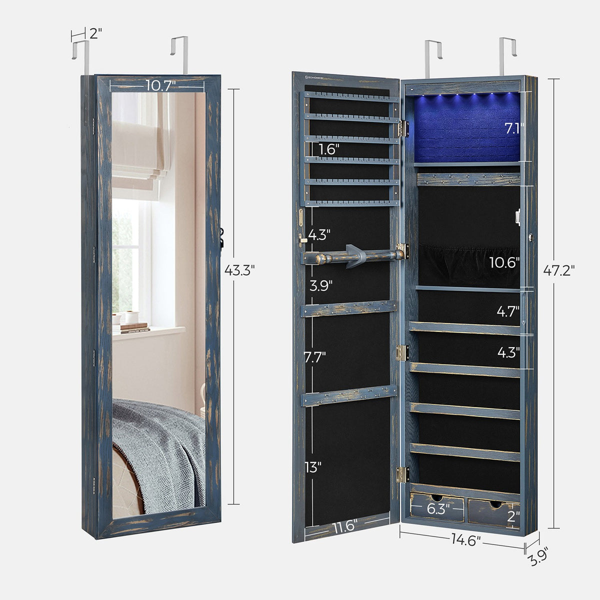 6 LEDs Jewelry Cabinet, Lockable Wall/Door Mounted Jewelry Armoire Organizer with Mirror and 2 Drawers