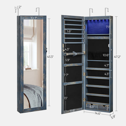 6 LEDs Jewelry Cabinet, Lockable Wall/Door Mounted Jewelry Armoire Organizer with Mirror and 2 Drawers